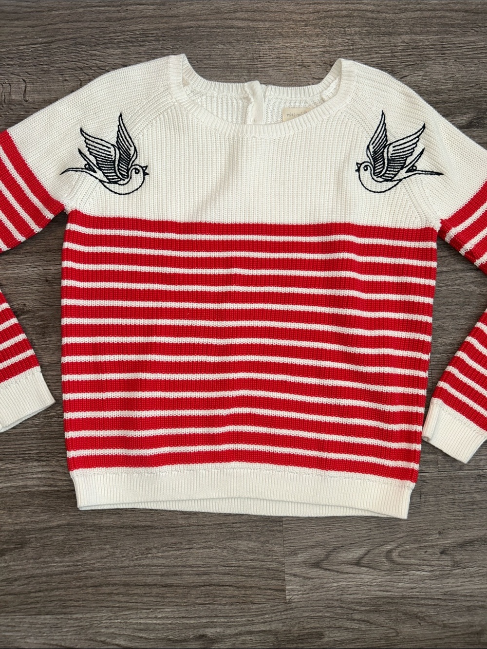 Miki Miette Red Stripe Knit Sweater Bird Embroidered Boho Cottage Youth Large